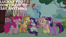 Size: 1920x1080 | Tagged: safe, derpibooru import, edit, edited screencap, editor:quoterific, screencap, applejack, fluttershy, pinkie pie, rainbow dash, rarity, twilight sparkle, twilight sparkle (alicorn), alicorn, it isn't the mane thing about you, fence, g4, image, magazine, mane six, png, ponyville