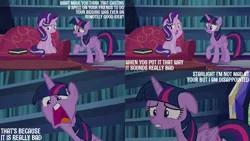 Size: 2000x1125 | Tagged: safe, derpibooru import, edit, edited screencap, editor:quoterific, screencap, starlight glimmer, twilight sparkle, twilight sparkle (alicorn), alicorn, pony, unicorn, every little thing she does, angry, book, couch, female, floppy ears, g4, horn, image, library, mare, png, twilight's castle, twilight's castle library, yelling