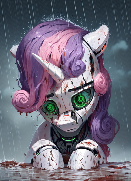Size: 1024x1408 | Tagged: safe, ai content, derpibooru import, machine learning generated, prompter:star-dragon, stable diffusion, sweetie belle, pony, robot, robot pony, unicorn, broken, bust, female, g4, generator:pony diffusion v6 xl, green eyes, horn, image, mud, png, rain, rust, sad, solo, sweetie bot