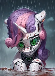 Size: 1024x1408 | Tagged: safe, ai content, derpibooru import, machine learning generated, prompter:star-dragon, stable diffusion, sweetie belle, pony, robot, robot pony, unicorn, broken, bust, female, g4, generator:pony diffusion v6 xl, green eyes, horn, image, mud, png, rain, rust, sad, solo, sweetie bot