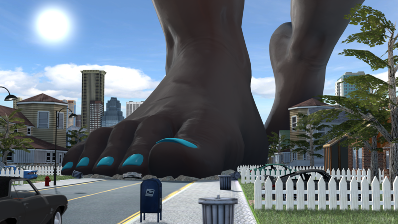 Size: 3840x2160 | Tagged: questionable, artist:gamerguy44, queen chrysalis, anthro, changeling, changeling queen, plantigrade anthro, 3d, building, car, city, cloud, destruction, feet, female, fence, fetish, foot fetish, foot focus, grass, image, macro, macro/micro, offscreen character, png, pov, sky, smiling, solo, source filmmaker, stomping, trash can