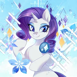 Size: 1850x1850 | Tagged: safe, artist:fenwaru, derpibooru import, rarity, pony, unicorn, abstract background, crystal, cute, female, g4, gem, horn, image, jpeg, looking at you, shiny, smiling, smiling at you, snow, snowflake, solo