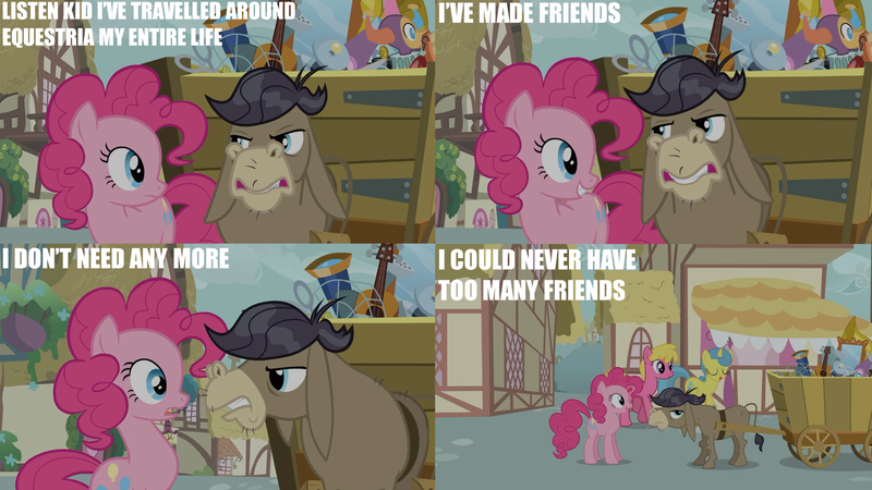 Size: 2000x1125 | Tagged: safe, derpibooru import, edit, edited screencap, editor:quoterific, screencap, cherry berry, cranky doodle donkey, lemon hearts, pinkie pie, a friend in deed, cart, fan, g4, guitar, image, mirror, musical instrument, png, ponyville, spyglass