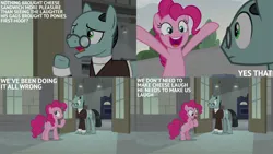 Size: 2000x1125 | Tagged: safe, derpibooru import, edit, edited screencap, editor:quoterific, screencap, pinkie pie, sans smirk, the last laugh, duo, duo male and female, factory, female, g4, glasses, image, male, png