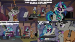 Size: 2000x1125 | Tagged: safe, derpibooru import, edit, edited screencap, editor:quoterific, screencap, octavia melody, vinyl scratch, slice of life (episode), cello, duo, duo female, electric guitar, female, g4, guitar, image, musical instrument, piano, png, synthesizer