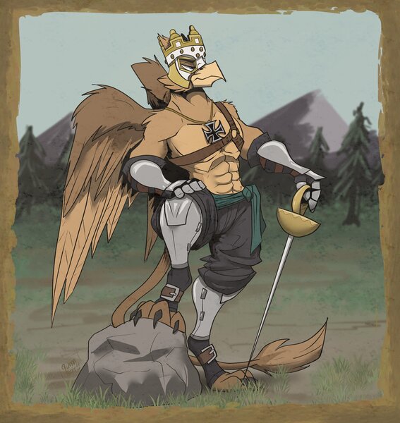 Size: 2772x2933 | Tagged: safe, artist:llamaboy, derpibooru import, oc, oc:grover vi, unofficial characters only, anthro, gryphon, equestria at war mod, abs, anthro oc, armor, athletic, battle crown, chest, clothes, confident, crown, day, defined chest, gloves, griffon oc, image, jewelry, jpeg, knight, male, necklace, nudity, pants, partial nudity, pride, regalia, royalty, solo, solo male, spread wings, stern, sword, tail, weapon, wings