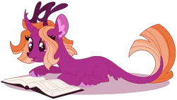 Size: 3809x2141 | Tagged: safe, artist:monochrome-sunsets, derpibooru import, oc, oc:summerset, unofficial characters only, deer, deer pony, hybrid, original species, book, image, lying down, png, prone, simple background, solo, transparent background