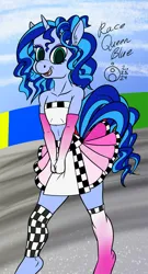 Size: 646x1200 | Tagged: safe, artist:sepiakeys, derpibooru import, oc, oc:blue giggles, anthro, unicorn, clothes, crossdressing, femboy, horn, image, male, png, race queen, skirt, solo, tube top