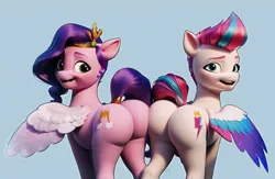 Size: 700x457 | Tagged: suggestive, ai content, anonymous prompter, derpibooru import, machine learning generated, stable diffusion, pipp petals, zipp storm, pegasus, pony, g5, butt, butt bump, butt to butt, butt touch, dock, duo, duo female, female, generator:pony diffusion v6 xl, image, mare, pipp butt, png, royal sisters (g5), siblings, sisters, tail, wings, zippbutt