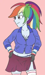 Size: 1225x2048 | Tagged: safe, artist:sumin6301, derpibooru import, rainbow dash, human, equestria girls, belly button, bra, breasts, busty rainbow dash, clothes, eyebrows, eyebrows visible through hair, female, g4, gloves, hand on hip, image, jacket, jpeg, pink background, ponytail, simple background, skirt, smiling, socks, solo, solo female, striped socks, underwear