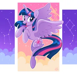 Size: 2702x2602 | Tagged: safe, artist:amanda hope, derpibooru import, twilight sparkle, twilight sparkle (alicorn), alicorn, pony, abstract background, cloud, constellation, cutie mark, female, flying, full body, horn, image, mare, open mouth, open smile, outline, png, smiling, solo, stars, white outline