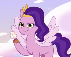 Size: 401x320 | Tagged: safe, derpibooru import, screencap, pipp petals, pegasus, pony, g5, my little pony: tell your tale, spoiler:g5, spoiler:my little pony: tell your tale, spoiler:tyts02e12, animated, cloud, cropped, evil smirk, female, gif, headband, image, mare, solo, where the rainbows are made, wings