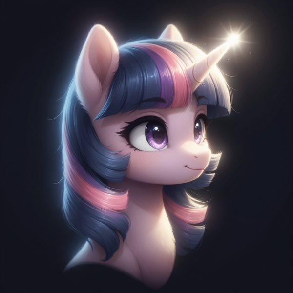 Size: 1328x1328 | Tagged: safe, ai content, derpibooru import, generator:bluefox mix, machine learning generated, prompter:adorablebluefox, stable diffusion, twilight sparkle, pony, unicorn, beautiful, black background, bust, cute, derpibooru exclusive, female, g4, glow, glowing horn, horn, image, light, mare, png, portrait, simple background, smiling, solo