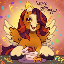 Size: 2400x2400 | Tagged: safe, artist:sparkytopia, derpibooru import, oc, oc:october moon, unofficial characters only, pegasus, pony, g3, birthday, birthday cake, blaze (coat marking), cake, coat markings, confetti, facial markings, food, g3 oc, happy birthday, hat, image, open mouth, orange coat, party hat, png, ponysona, signature, smiling, socks (coat marking), solo, spread wings, unshorn fetlocks, wings, yellow eyes