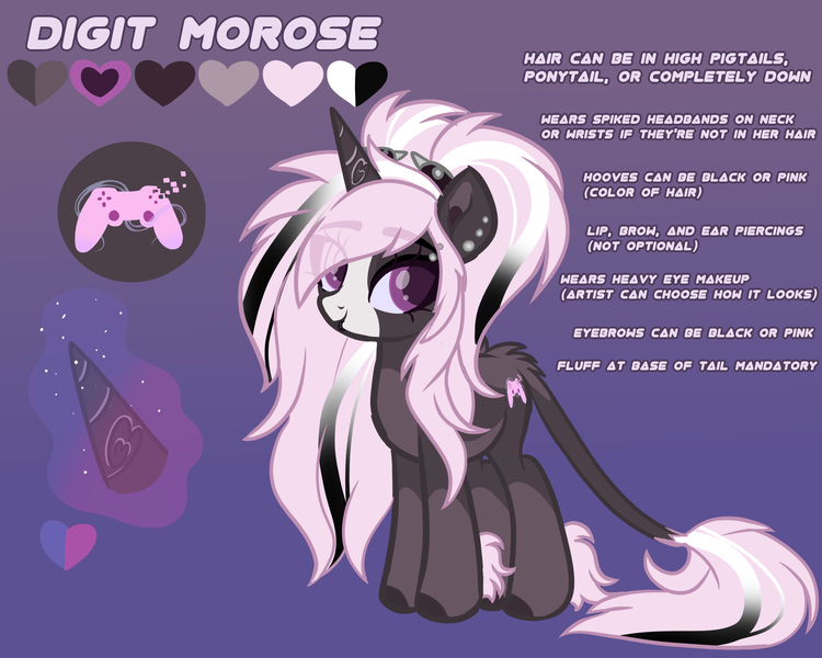 Size: 2500x2000 | Tagged: safe, artist:skyboundsiren, derpibooru import, oc, oc:digit morose, unicorn, color palette, cutie mark, female, horn, image, leonine tail, piercing, png, reference sheet, smiling, solo, solo female, tail