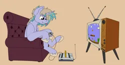 Size: 3695x1917 | Tagged: safe, artist:agent-diego, derpibooru import, oc, unofficial characters only, unicorn, chair, game console, horn, image, male, png, simple background, television, unicorn oc