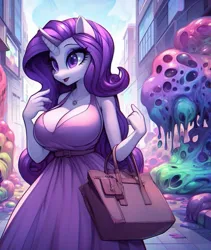 Size: 865x1024 | Tagged: safe, ai content, derpibooru import, machine learning generated, rarity, anthro, goo, unicorn, adorasexy, bag, big breasts, breasts, busty rarity, city, cleavage, clothes, cute, dress, female, g4, handbag, horn, huge breasts, image, jewelry, jpeg, necklace, open mouth, prompter:horselover fat, purse, sexy, solo, standing, surreal, weird