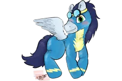 Size: 1800x1200 | Tagged: safe, artist:felixmcfurry, derpibooru import, soarin', pegasus, clothes, digital art, feral, goggles, goggles on head, gradient eyes, image, lineart, male, png, shading, simple background, solo, solo male, transparent background, uniform, wonderbolts uniform