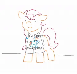Size: 1070x1024 | Tagged: safe, artist:attila, derpibooru import, rainbow dash, sunny starscout, earth pony, pony, g5, brony, clothes, deal with it, female, image, in-universe pegasister, jpeg, lineart, mare, shirt, simple background, solo, t-shirt, white background