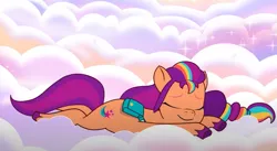 Size: 1095x601 | Tagged: safe, derpibooru import, screencap, sunny starscout, pony, g5, my little pony: tell your tale, cloud, cropped, image, png, smiling, solo, where the rainbows are made