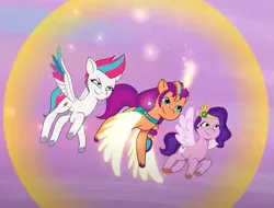 Size: 847x644 | Tagged: safe, derpibooru import, screencap, pipp petals, sunny starscout, zipp storm, alicorn, pegasus, pony, g5, my little pony: tell your tale, cropped, determined, image, magic, png, trio, where the rainbows are made