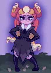 Size: 1430x2048 | Tagged: safe, artist:carouselunique, derpibooru import, oc, oc:honeycrisp blossom, unofficial characters only, human, equestria girls, alternate hairstyle, antagonist, boots, clothes, dress, eyeshadow, female, furrowed brow, g4, hand on hip, image, looking at you, makeup, offspring, parent:big macintosh, parent:princess cadance, parents:cadmac, png, shoes, solo