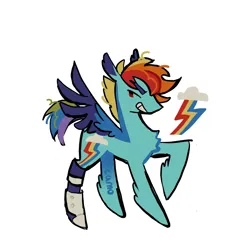 Size: 900x900 | Tagged: safe, artist:camo_ty, artist:camotty, derpibooru import, part of a set, rainbow dash, pegasus, pony, alternate design, alternate eye color, alternate hairstyle, amputee, blue coat, chest fluff, coat markings, colored eyebrows, colored wings, colored wingtips, dorsal stripe, dot eyes, eyebrows, eyebrows visible through hair, female, g4, image, leg fluff, looking back, mare, multicolored mane, multicolored tail, narrowed eyes, no catchlights, png, profile, prosthetic leg, prosthetic limb, prosthetics, raised hoof, red eyes, redesign, short hair rainbow dash, short mane, short tail, signature, simple background, smiling, solo, spread wings, standing, tail, teeth, two toned wings, white background, wings