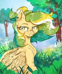 Size: 2488x2957 | Tagged: safe, artist:nazalik, derpibooru import, oc, oc:shinebite, oc:shinebite fantom.ent, unofficial characters only, pegasus, chest fluff, colored background, flowers everywhere, grass, grass field, green background, image, mane, multicolored eyes, multicolored hair, piercing, png, simple background, tree