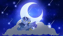 Size: 2242x1306 | Tagged: safe, artist:pelinstwinkle, derpibooru import, oc, unofficial characters only, alicorn, pony, alicorn oc, cloud, crescent moon, horn, image, moon, on a cloud, png, shooting star, solo, wings