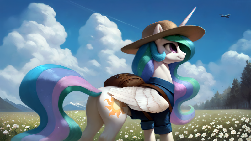 Size: 2560x1440 | Tagged: safe, ai content, artist:dovakkins, derpibooru import, machine learning assisted, machine learning generated, stable diffusion, princess celestia, alicorn, pony, backpack, celestia is amused, clothes, cloud, cloudy, derpibooru exclusive, female, flower, flower field, forest, g4, generator:pony diffusion v6 xl, hat, image, mare, mountain, nature, olympic rings, plane, png, retirement, scenery, shirt, smiling, solo, straw hat, tail, tourist, tree, wavy mane, wavy tail