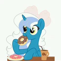 Size: 6890x6890 | Tagged: safe, artist:riofluttershy, derpibooru import, oc, oc:fleurbelle, unofficial characters only, alicorn, pony, alicorn oc, bow, coffee, coffee mug, donut, eating, female, food, hair bow, horn, image, jpeg, mare, mug, simple background, solo, straw, white background, wings, yellow eyes