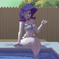 Size: 900x900 | Tagged: suggestive, artist:kevinsano, derpibooru import, rarity, human, equestria girls, belly button, bikini, breasts, busty rarity, clothes, female, g4, image, legs in the water, one eye closed, open mouth, open smile, partially submerged, png, poolside, sitting, smiling, solo, solo female, swimsuit, wide hips