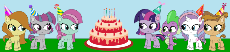 Size: 2048x464 | Tagged: safe, artist:marybethmaria1423, minty, potion nova, my little pony: pony life, birthday cake, butterscotch, cake, caramel latte, desert weave, food, image, noctula, png, saguaro