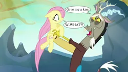 Size: 1280x720 | Tagged: safe, derpibooru import, edit, edited screencap, screencap, discord, fluttershy, to where and back again, discoshy, female, g4, image, kiss me you fool, male, png, shipping, speech bubble, straight