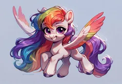 Size: 700x479 | Tagged: safe, ai content, anonymous prompter, derpibooru import, machine learning generated, stable diffusion, oc, unofficial characters only, pegasus, pony, g5, female, filly, foal, generator:pony diffusion v6 xl, image, implied inbreeding, implied incest, inbreeding, incest, jpeg, looking, looking at you, multicolored hair, offspring, parent:pipp petals, parent:zipp storm, product of incest, rainbow hair, simple background, solo, wings