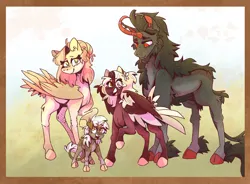 Size: 1280x942 | Tagged: safe, artist:kinda-lost, derpibooru import, fluttershy, king sombra, oc, oc:honeybee, oc:jasmine, pegasus, pony, unicorn, alternate design, curved horn, family, female, horn, image, male, mar, offspring, parent:fluttershy, parent:king sombra, parents:sombrashy, png, reformed sombra, ship:sombrashy, shipping, sperm donation, stallion, straight