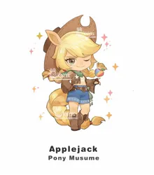 Size: 1232x1399 | Tagged: safe, artist:koyii-kong, derpibooru import, applejack, anthro, earth pony, pony, apple, applejack's hat, boots, clothes, cowboy boots, cowboy hat, denim, denim shorts, female, food, hat, image, jpeg, looking at you, mare, one eye closed, shoes, shorts, simple background, smiling, smiling at you, solo, sparkles, vest, watermark, white background, wink, winking at you, zap apple