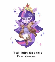 Size: 1232x1399 | Tagged: safe, artist:koyii-kong, derpibooru import, twilight sparkle, twilight sparkle (alicorn), alicorn, anthro, pony, bag, big crown thingy, book, book bag, boots, clothes, cute, element of magic, female, glasses, image, jacket, jewelry, jpeg, mare, name, open mouth, open smile, regalia, round glasses, shoes, simple background, skirt, smiling, solo, sparkles, twiabetes, watermark, white background