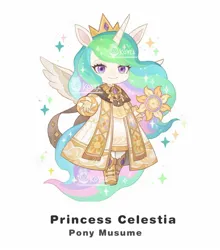 Size: 1232x1399 | Tagged: safe, artist:koyii-kong, derpibooru import, princess celestia, alicorn, anthro, pony, clothes, dress, female, frock coat, image, jpeg, looking at you, mare, name, smiling, smiling at you, solo, sparkles, staff, watermark