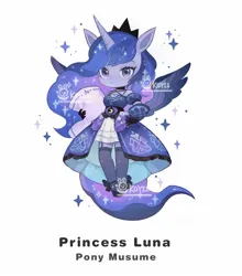 Size: 1232x1399 | Tagged: safe, artist:koyii-kong, derpibooru import, princess luna, alicorn, anthro, pony, bare shoulders, clothes, dress, female, garters, hand on hip, image, jpeg, mare, name, pillow, socks, solo, sparkles, stockings, thigh highs, watermark