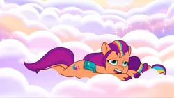 Size: 2160x1215 | Tagged: safe, derpibooru import, screencap, sunny starscout, earth pony, pony, g5, my little pony: tell your tale, spoiler:g5, spoiler:my little pony: tell your tale, spoiler:tyts02e12, cloud, cute, female, image, lying down, mane stripe sunny, mare, open mouth, open smile, png, smiling, solo, sunnybetes, where the rainbows are made