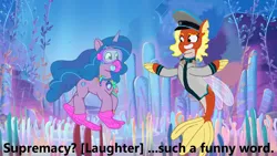 Size: 1366x768 | Tagged: safe, derpibooru import, edit, edited screencap, screencap, izzy moonbow, oc, oc:posada, pony, seapony (g4), unicorn, equestria at war mod, g4, g5, a match made in tartarus, g4 to g5, generation leap, horn, image, png, underwater, water, xk-class end-of-the-world scenario