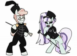Size: 1934x1410 | Tagged: safe, artist:b(r)at, derpibooru import, coloratura, svengallop, earth pony, pony, band uniform, baton, bipedal, clothes, countess coloratura, duo, duo male and female, eyes closed, female, glasses, hat, image, jpeg, male, mare, microphone, microphone stand, my chemical romance, open mouth, simple background, singing, stallion, uniform, white background