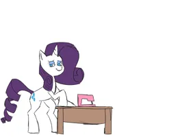 Size: 2000x1600 | Tagged: safe, artist:rigamortis_man, edit, editor:strifesnout, rarity, pony, unicorn, image, png, sewing machine, simple background, solo, table, white background