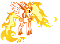 Size: 208x154 | Tagged: safe, artist:jaye, derpibooru import, daybreaker, alicorn, pony, animated, clothes, crown, desktop ponies, female, fire, fire hair, g4, gif, hoof shoes, horn, image, jewelry, mane of fire, mare, necklace, pixel art, princess shoes, regalia, shoes, simple background, solo, spread wings, sprite, standing, tail, tail of fire, transparent background, wings