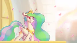 Size: 3840x2160 | Tagged: safe, artist:cocaine, edit, editor:strifesnout, princess celestia, alicorn, pony, balcony, castle, crown, female, image, jewelry, lidded eyes, mare, petals, peytral, png, regalia, smiling, solo
