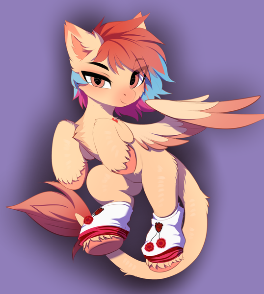Size: 2894x3226 | Tagged: safe, artist:empress-twilight, derpibooru import, oc, oc:cardia, unofficial characters only, pegasus, pony, chest fluff, clothes, colored eartips, colored hooves, colored muzzle, colored wings, colored wingtips, ear fluff, gradient mane, heart, image, leg warmers, leonine tail, looking at you, pink eyes, png, purple background, simple background, spread wings, tail, unshorn fetlocks, wings