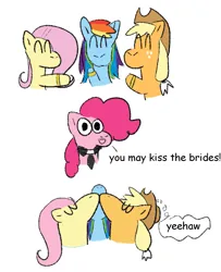 Size: 1305x1606 | Tagged: safe, artist:zoeyhorse, derpibooru import, applejack, fluttershy, pinkie pie, rainbow dash, earth pony, pegasus, pony, appledash, bust, comic, eyes closed, female, flutterappledash, flutterdash, image, jewelry, kissing, lesbian, mare, marriage, png, polyamory, polygamy, ring, ship:appleshy, shipping, simple background, thought bubble, triple kiss, wedding, wedding ring, white background, yeehaw
