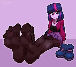Size: 2100x1847 | Tagged: suggestive, artist:reathroch, derpibooru import, twilight sparkle, human, equestria girls, clothes, feet, female, g4, humanized, image, looking at you, png, purple eyes, shoes, shoes removed, socks, solo, stocking feet, stockings, thigh highs