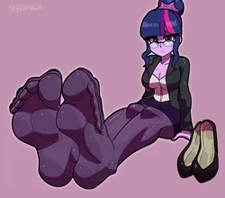 Size: 2100x1847 | Tagged: suggestive, artist:reathroch, derpibooru import, twilight sparkle, human, equestria girls, clothes, feet, female, footprint, g4, glasses, humanized, image, looking at you, png, purple eyes, shoes, shoes removed, socks, solo, stocking feet, stockings, thigh highs